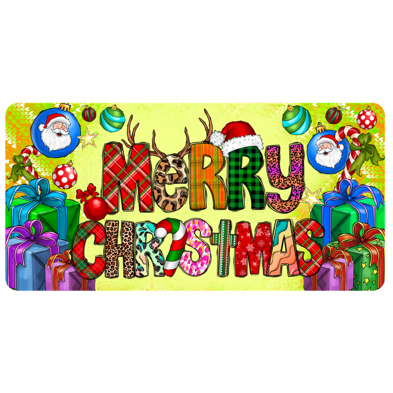 Festive "Merry Christmas" design featuring colorful letters, Santa figures, ornaments, and wrapped gifts, perfect for holiday cheer!DTF Transfers dtf transfers heat press transfers