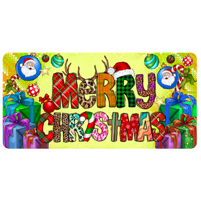 Festive "Merry Christmas" design featuring colorful letters, Santa figures, ornaments, and wrapped gifts, perfect for holiday cheer!DTF Transfers dtf transfers heat press transfers