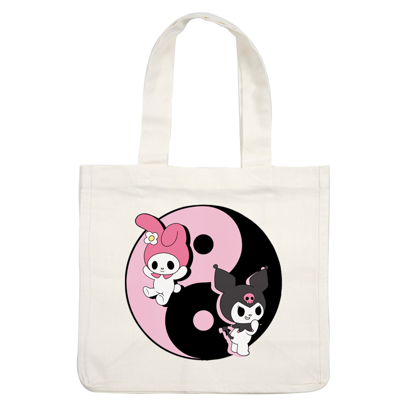 A playful design featuring two cute characters, My Melody in pink and Kuromi in black, against a yin-yang backdrop.DTF Transfers dtf prints