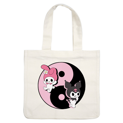 A playful design featuring two cute characters, My Melody in pink and Kuromi in black, against a yin-yang backdrop.DTF Transfers dtf prints