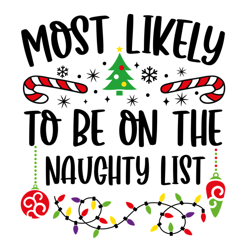 A whimsical holiday design featuring a festive Christmas tree, candy canes, and colorful ornaments, perfect for seasonal celebrations.DTF Transfers dtf transfersdtf regular iron