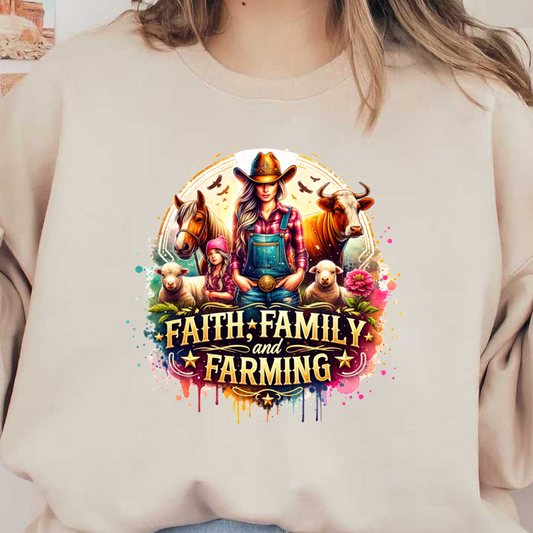A vibrant illustration celebrating "Faith, Family, and Farming," featuring a cowgirl, horses, sheep, and a young girl amidst flowers. heat press transfers