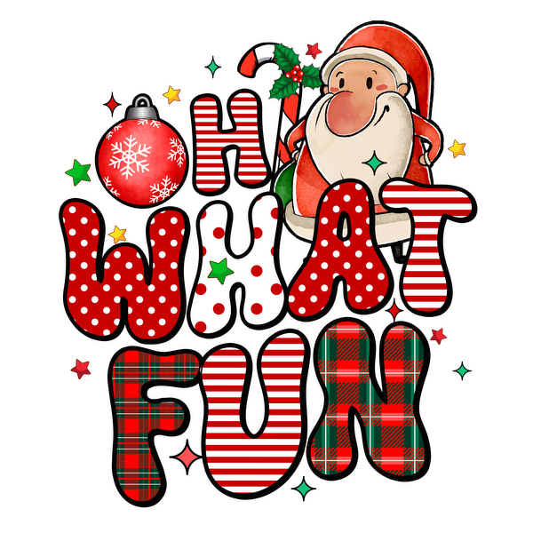 Celebrate the season with this cheerful Christmas design featuring Santa and playful lettering that reads, "Oh What Fun!" heat press transfers