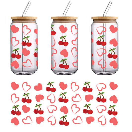 A playful pattern featuring vibrant cherries and hearts in pink and red hues, perfect for a cheerful design!UV Transfers dtf prints