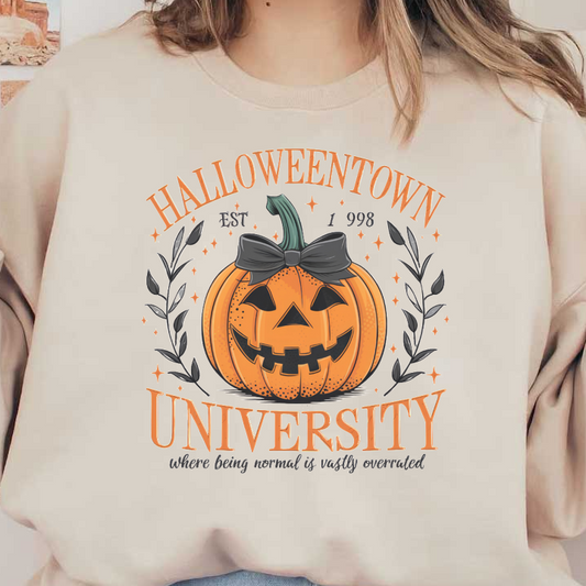 Celebrate Halloween spirit with this colorful illustration featuring a pumpkin, bow, and "Halloweentown University" text. Perfect for fall!dtf regular iron