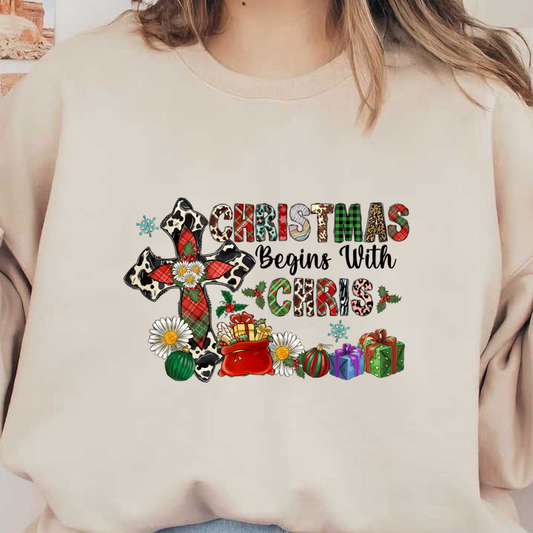 Colorful and festive "CHRISTMAS" design featuring a plaid cross, vibrant gifts, and charming holiday accents, perfect for seasonal decor!DTF Transfers dtf prints