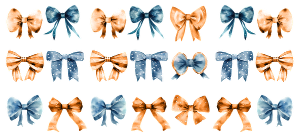 A collection of beautifully designed satin bows in various shades of blue and orange, featuring different patterns and styles.UV Transfers dtf prints