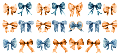 A collection of beautifully designed satin bows in various shades of blue and orange, featuring different patterns and styles.UV Transfers dtf prints