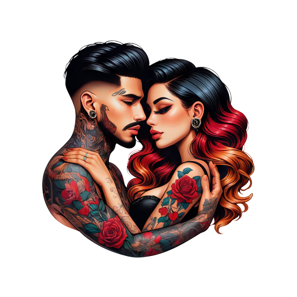 A vibrant and romantic illustration of a tattooed couple, showcasing intricate floral tattoos and stylish hairstyles.DTF Transfersdtf regular iron