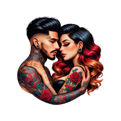 A vibrant and romantic illustration of a tattooed couple, showcasing intricate floral tattoos and stylish hairstyles.DTF Transfersdtf regular iron