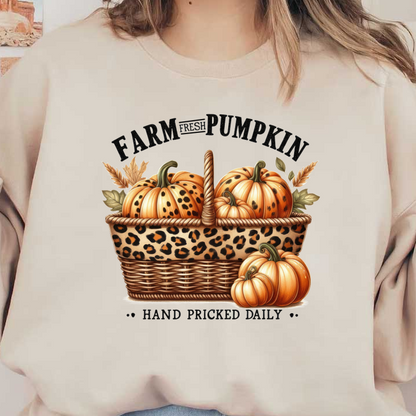 A charming basket featuring hand-picked pumpkins in vibrant orange, accented with a stylish leopard print and autumn leaves. dtf transfers