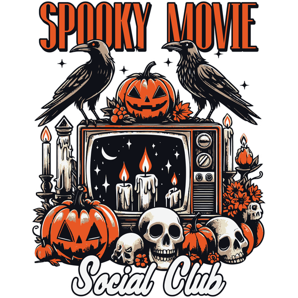 Únase al "Spooky Movie Social Club" con un diseño vibrante que incluye calabazas, calaveras, cuervos y un televisor antiguo rodeado de velas.