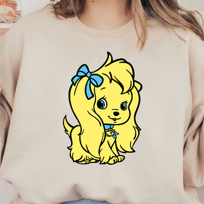 An adorable cartoon puppy with long yellow fur, a blue bow, and a playful expression, perfect for a cheerful vibe!DTF Transfers