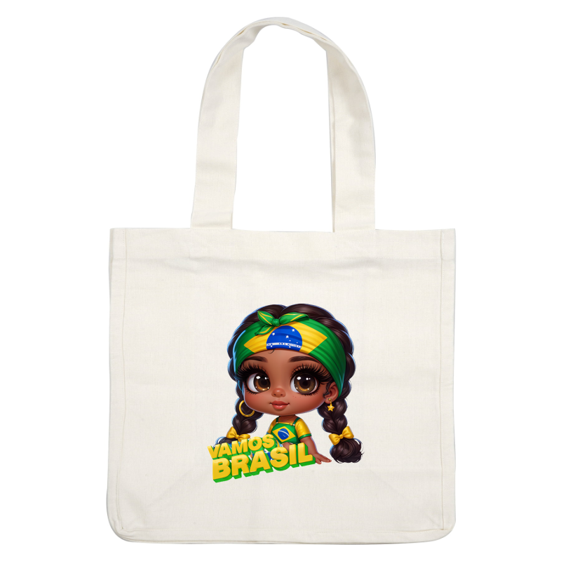 A cheerful, cartoon-style girl with braided hair, wearing a Brazilian flag-themed outfit and headband, celebrates with the phrase "Vamos Brasil!"DTF Transfers heat press transfers