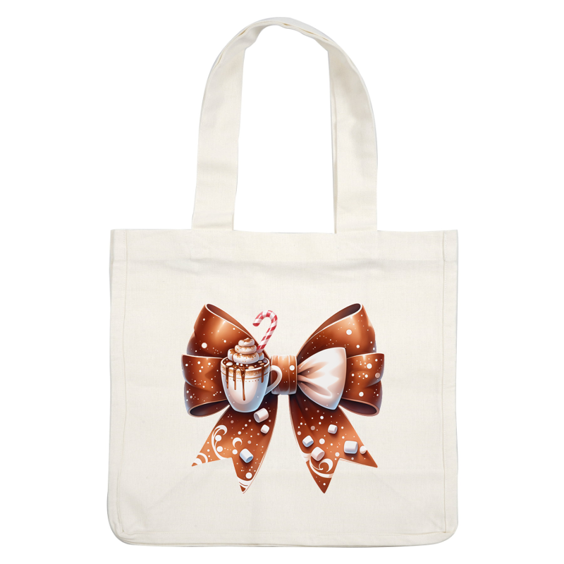 A festive chocolate-themed bow featuring a cup of hot cocoa topped with whipped cream and a candy cane. dtf prints