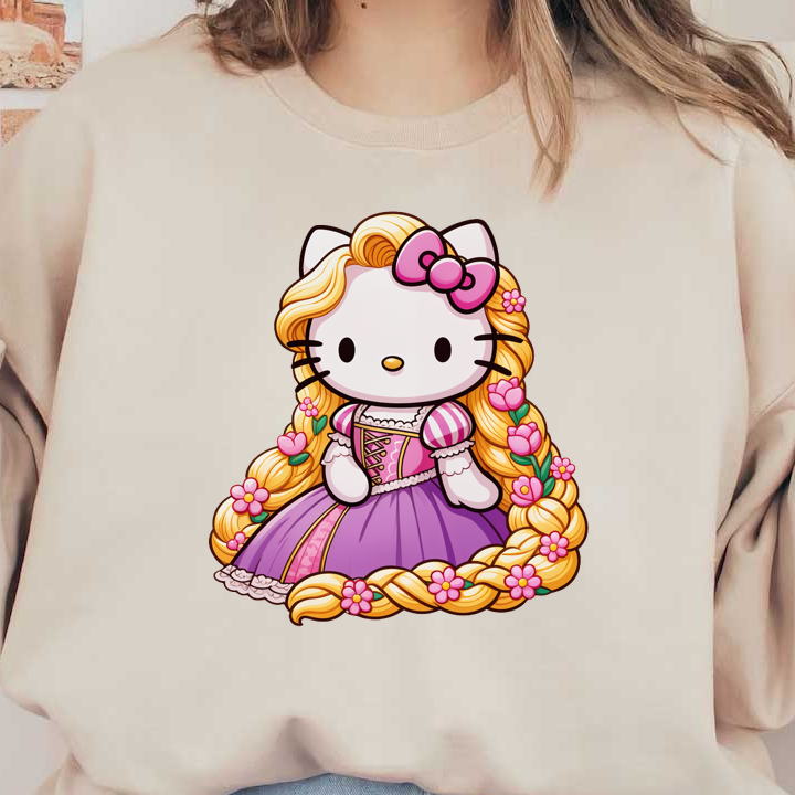 A charming Hello Kitty character styled as Rapunzel, featuring long braided hair adorned with flowers and a lovely purple dress.DTF Transfers dtf prints