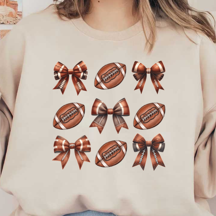 A fun collection of brown footballs and coordinating bows, perfect for sports-themed decorations or party favors.dtf regular iron