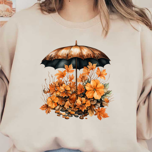 A charming illustration featuring an umbrella surrounded by vibrant autumn leaves and flowers in warm orange and golden hues. dtf prints