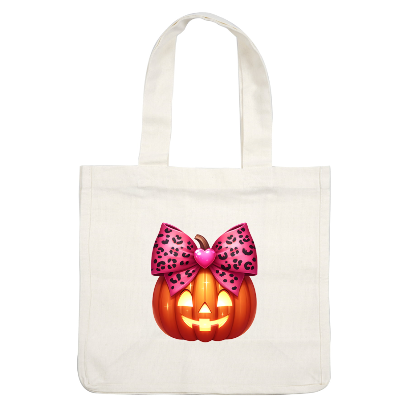 A cheerful Halloween pumpkin adorned with a bright pink leopard print bow and a heart, perfect for festive decor! heat press transfers