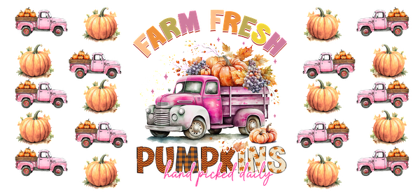 A charming design featuring a vintage pink truck full of pumpkins and autumn produce, with "Farm Fresh Pumpkins" text.UV Transfers dtf prints