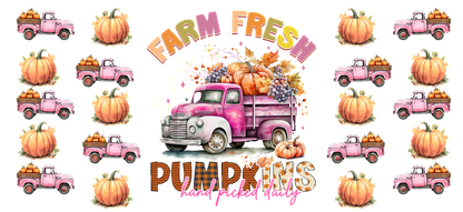 A charming design featuring a vintage pink truck full of pumpkins and autumn produce, with "Farm Fresh Pumpkins" text.UV Transfers dtf prints