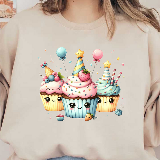 A whimsical illustration of three cheerful cupcakes adorned with fun toppings, party hats, and colorful balloons, perfect for celebrations!DTF Transfers