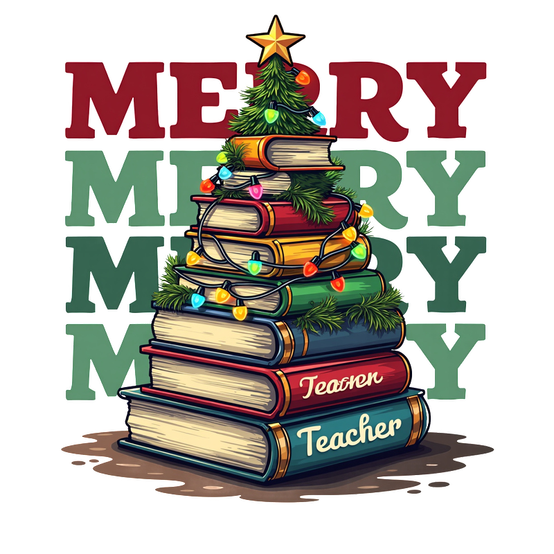 A festive design featuring stacked books decorated as a Christmas tree, adorned with lights, and fun "Merry" text.DTF Transfers