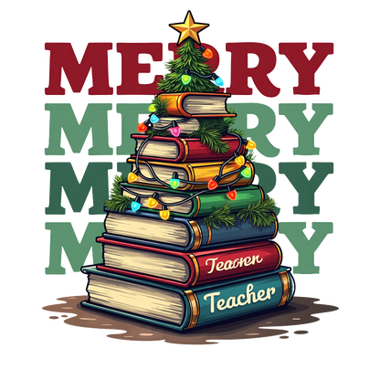 A festive design featuring stacked books decorated as a Christmas tree, adorned with lights, and fun "Merry" text.DTF Transfers