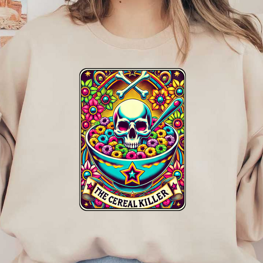 A vibrant, playful design featuring a skull in a bowl of colorful cereal, adorned with flowers and a humorous title "The Cereal Killer." heat press transfers