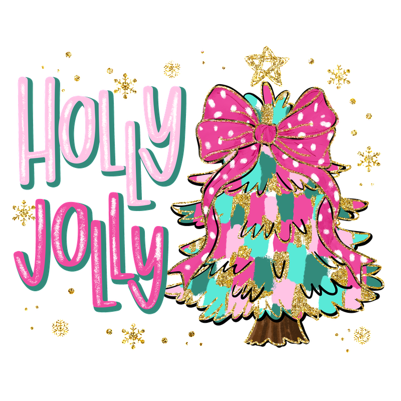 A colorful and festive illustration featuring a whimsical Christmas tree adorned with a large bow and the phrase "HOLY JOLLY."DTF Transfers