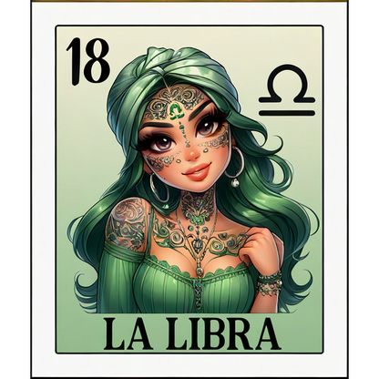 Una ilustración vibrante de una mujer con cabello verde y tatuajes intrincados, que representa el signo zodiacal Libra en una tarjeta.