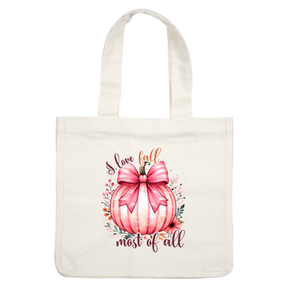 A charming pink-striped pumpkin adorned with a bow, surrounded by colorful flowers, celebrates the joy of fall. heat press transfers