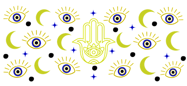 A vibrant design featuring a central hamsa hand surrounded by stylized eyes and crescent moons in bright colors.UV Transfers dtf prints