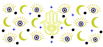 A vibrant design featuring a central hamsa hand surrounded by stylized eyes and crescent moons in bright colors.UV Transfers dtf prints