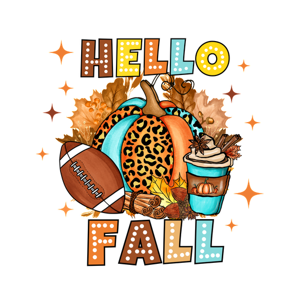 Un gráfico colorido con temática de otoño que presenta una calabaza con estampado de leopardo, una pelota de fútbol, ​​hojas de otoño y una bebida de temporada con la frase "Hola otoño".