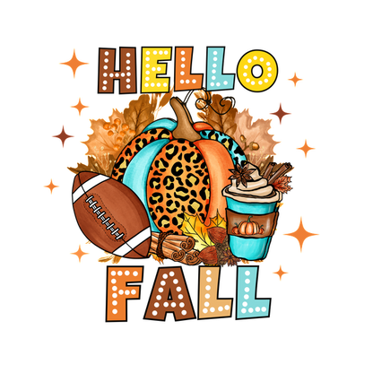 Un gráfico colorido con temática de otoño que presenta una calabaza con estampado de leopardo, una pelota de fútbol, ​​hojas de otoño y una bebida de temporada con la frase "Hola otoño".