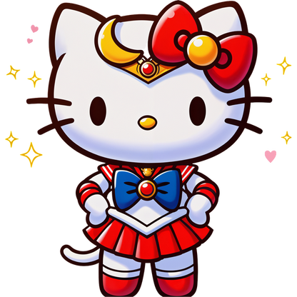 A charming character design featuring Hello Kitty dressed as a magical girl, complete with a red and blue outfit and sparkling accents.DTF Transfers dtf transfers