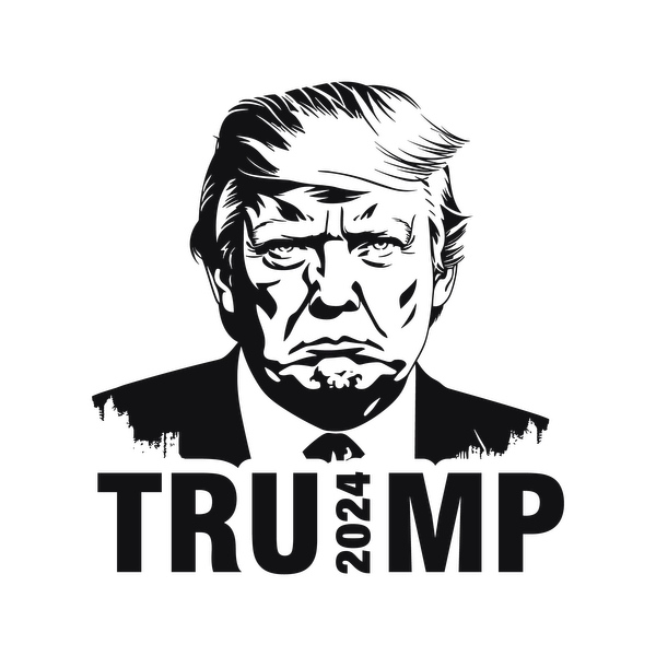 Ilustración estilizada de Donald Trump con el texto "TRUMP 2024", que representa una declaración política o un tema de campaña.