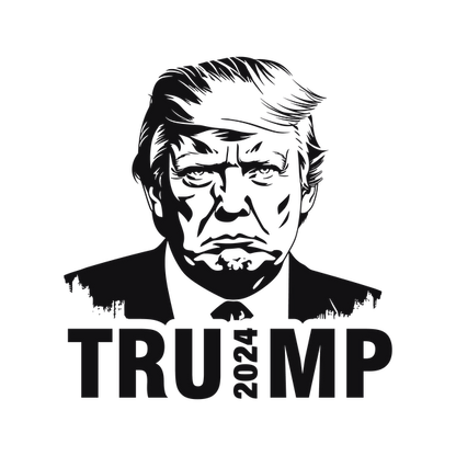 Ilustración estilizada de Donald Trump con el texto "TRUMP 2024", que representa una declaración política o un tema de campaña.