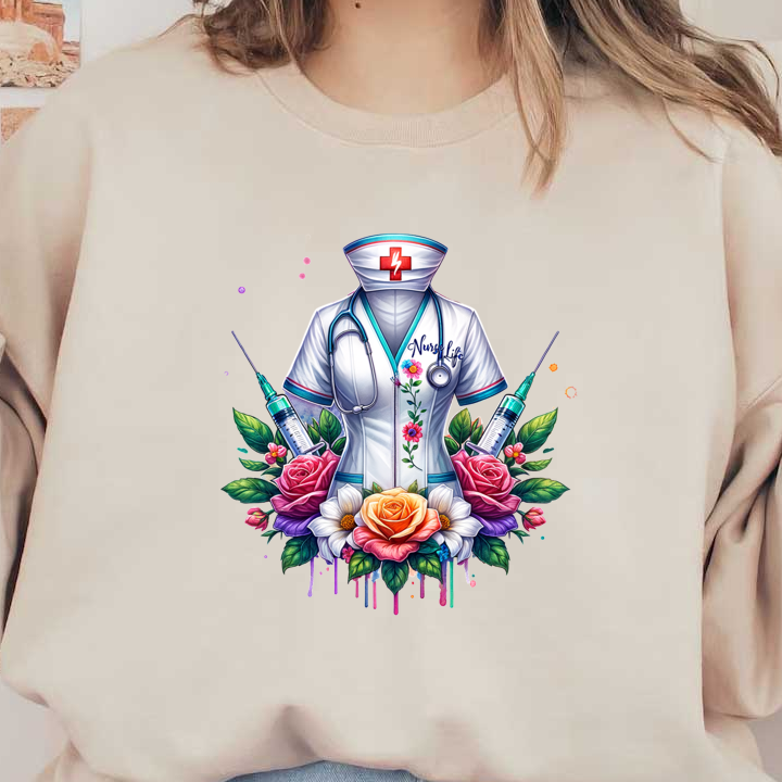 A vibrant depiction of a nurse's uniform adorned with flowers and medical tools, celebrating the spirit of "Nurse Life."DTF Transfers