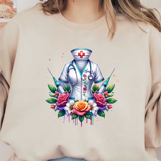 A vibrant depiction of a nurse's uniform adorned with flowers and medical tools, celebrating the spirit of "Nurse Life."DTF Transfers