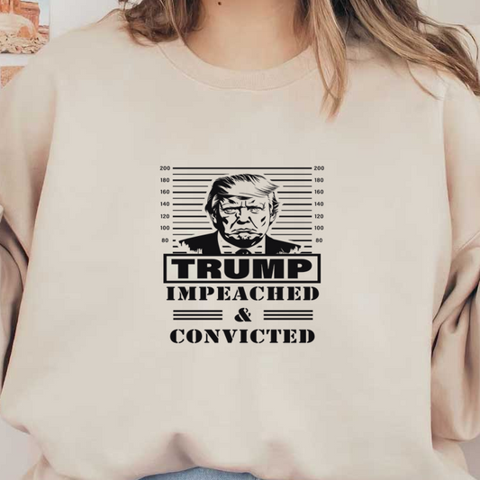 Un gráfico que ilustra una imagen estilo foto policial con el texto "TRUMP IMPEACHED &amp; CONVICTED" (TRUMP ACUSADO Y CONDENADO), resaltando una declaración política controvertida.