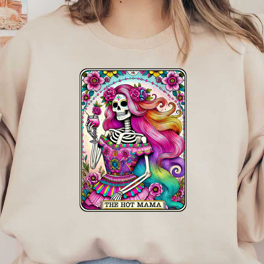 A vibrant Day of the Dead-themed illustration featuring a skeleton woman in a floral dress, sipping a drink with colorful hair. heat press transfers