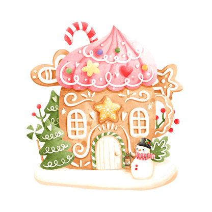 Festive gingerbread house with a pink frosting roof and cheerful snowman nearby!DTF Transfers