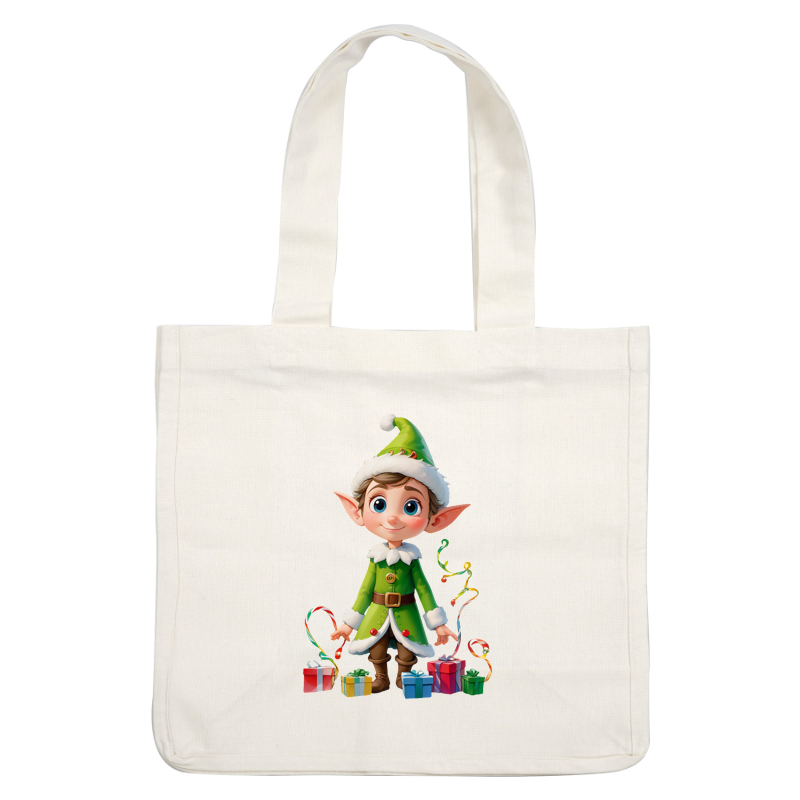 A cheerful cartoon elf in a green outfit with a festive hat, surrounded by colorful wrapped presents and playful streamers.DTF Transfers heat press transfers