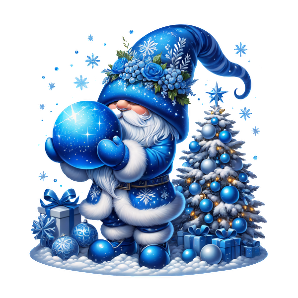 A whimsical blue-themed gnome in a festive hat holds a sparkling ornament, surrounded by a decorated Christmas tree and gifts.DTF Transfers dtf transfers