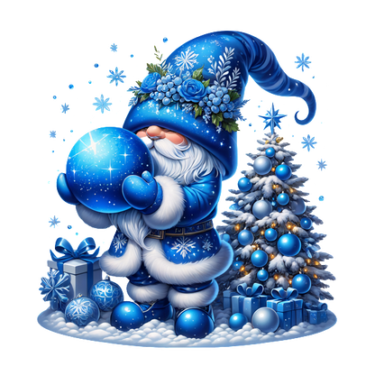 A whimsical blue-themed gnome in a festive hat holds a sparkling ornament, surrounded by a decorated Christmas tree and gifts.DTF Transfers dtf transfers