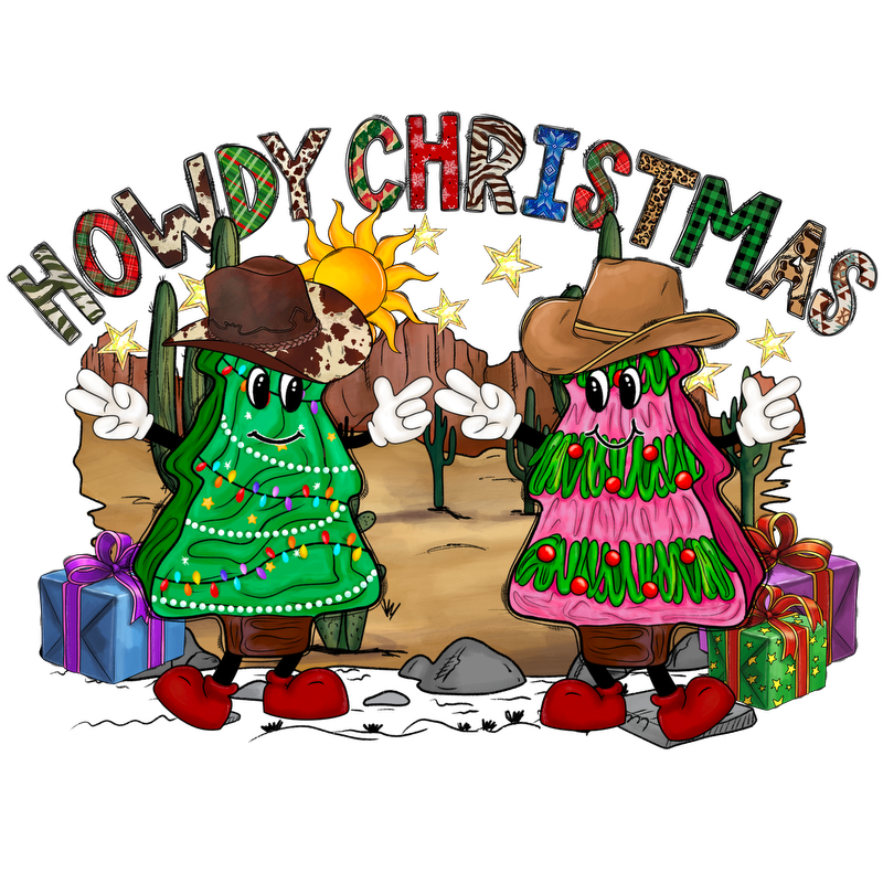 Celebrate the holiday spirit with these festive, cowboy-themed Christmas trees, adorned with lights and surrounded by presents!DTF Transfersdtf regular iron