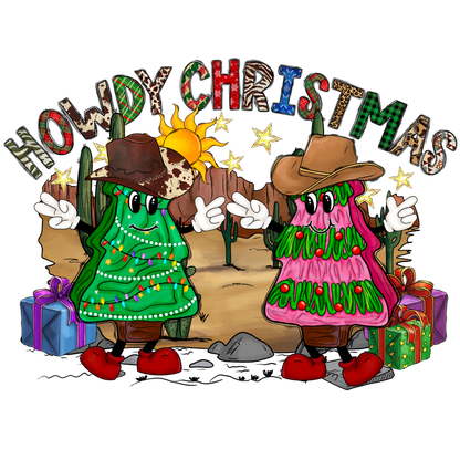 Celebrate the holiday spirit with these festive, cowboy-themed Christmas trees, adorned with lights and surrounded by presents!DTF Transfersdtf regular iron