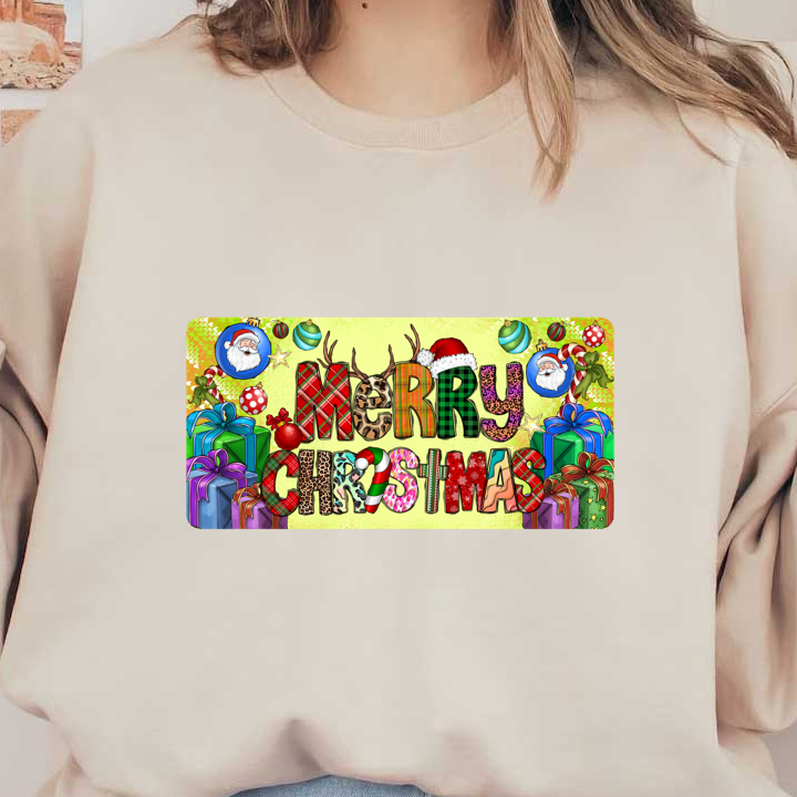 Festive "Merry Christmas" design featuring colorful letters, Santa figures, ornaments, and wrapped gifts, perfect for holiday cheer!DTF Transfers dtf transfers heat press transfers